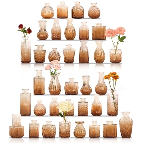36Pcs Bud Vases Set Small Vintage Glass Bottles Bud Vases in Bulk Multiple Shape Cute Glass Vases for Rustic Wedding Centerpieces Table Decorations and Home Decor(Amber) - color: Amber