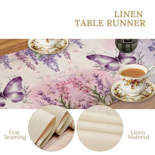 Butterfly Table Runner,Spring Purple Lavender Floral Table Runner for Holiday Kitchen Living Room Home Party Decor 13x36 Inch - color: Butterfly-12, size: 13x36in