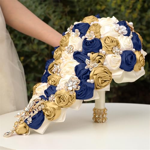 Handmade Satin Rose Water Drop Bridal Bouquet,8.7inch Crystal Wedding Round Tossing Bouquet,Jewelry Proposal Bridesmaid Bouquet Groom Corsage Bride Wrist Flower Ivory (07#Ivory Navy Gold) - color: 07#ivory Navy Gold