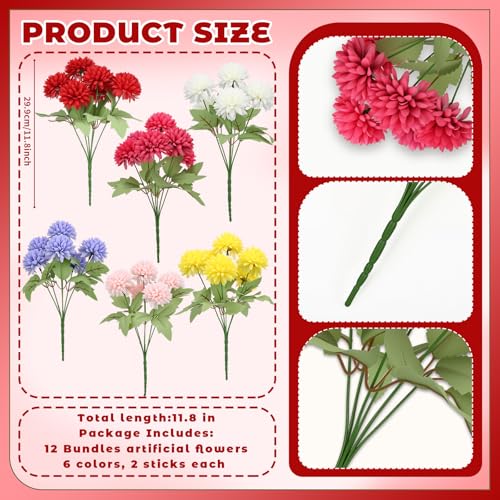 XunYee 12 Pcs Artificial Flowers for Outdoor Indoor Spring Faux Chrysanthemums Mums Fake Flowers Plants for Outside Garden Porch Window Patio Spring Marigold for Vase Table Wedding Home Decor - color: Vivid