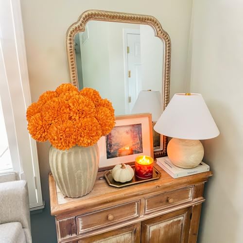 Briful 12 Pcs Artificial Orange Chrysanthemum Stems – 11” Tall Silk Mums Flower Heads with Green Leaves, Flexible Stems for Fall Floral Pick Arrangements, Home, Wedding & Seasonal Decorations - color: 3.5'' Dia. 12pcs Orange