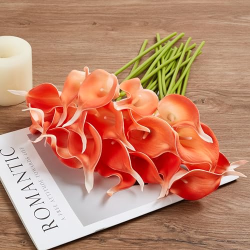 Artificial Calla Lily 12Pcs Coral Real Touch Faux Flowers for Wedding Bouquet, Bride Bridal Shower, Spring Home Kitchen Table Decor, Fake Lilies for Centerpieces, Party Decorations - color: Coral