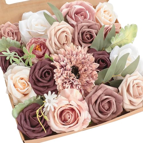 Floroom Dusty Rose Mauve Artificial Flowers Fake Roses Peony and Greenery Combo Box Set for DIY Wedding Bouquets Bridal Shower Centerpieces Floral Arrangements Party Tables Home Decorations - color: Vintage Dusty Rose