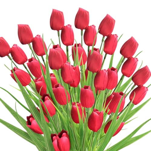 10 Bundles Artificial Tulips Flowers Outdoor,16.5 inch UV Resistant Fake Tulips Real Touch Flowers,Faux Tulips Realistic Flowers for Home Garden Outside Wedding Decor (Rose Red) - color: Rose Red