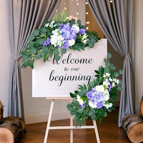 Artificial Wedding Arch Flowers (Pack of 2), White Wedding Flowers for Wedding Welcome Ceremony Sign Faux Floral Swags, Banquet and Reception Backdrop Floral Decoration (White & Purple) - color: White & Purple