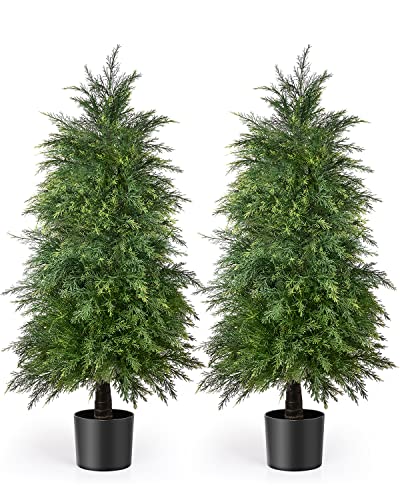 2 Pack 4ft Artificial Cedar Topiary Trees, Outdoor Artificial Plants for Front Porch Décor, Artificial Shrubs Fake Plants Uv Rated Potted Plants for Outdoor, Indoor, Front Door, Office - size: 4Ft