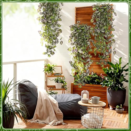 2-Pack Fake Hanging Plants, Faux Hanging Plant Artificial Greenery for Living Room Bedroom Boho Wall Shelf Indoor Outdoor Decor (Purple Feather Leaf) - color: Purple Feather Leaf