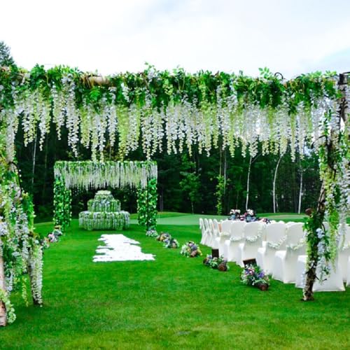 Wisteria Hanging Flowers, 24 Pack Artificial Wisteria Vines Fake Garland Silk Flower String for Wedding Party Garden Outdoor Greenery Home Wall Decoration (24pcs White) - color: 24pcs White