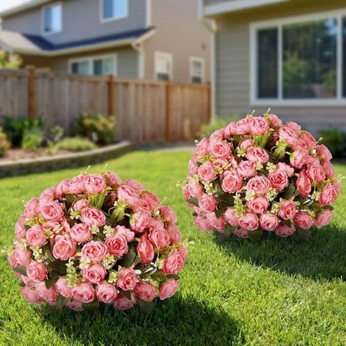 Yunlly 2 Set Artificial Boxwood Topiary Ball Trees with Rose Flowers 19.7'' UV Resistant Faux Greenery Shrubs Bushes with Ground Spike for Wedding Indoor Outdoor Front Porch Decor(Dark Pink) - color: Dark Pink