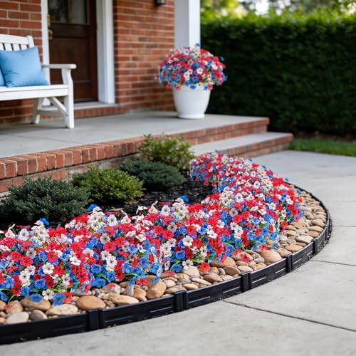 Ammyoo 16 Pcs Artificial Fake Flowers for Outdoor Spring Decoration, Faux Flowers No Fade UV Resistant Silk Flower Plants for Outside Garden Yard Porch Patio Balcony Indoor Decor(Blue White Red) - color: Red White Blue
