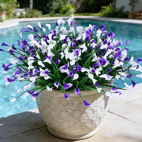 INXUGAO 12 Bundles Calla Lily Artificial Flowers for Outdoors, UV Resistant Faux Plastic Flowers for Home Porch Yards, Fake Plants for Spring Summer Cemetery Decor (Purple White) - color: Purple White, size: 12 Pcs