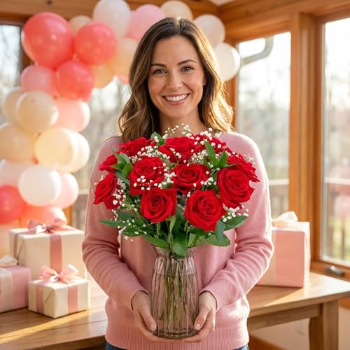Benchmark Bouquets - Red Roses Bouquet - Fresh Flowers for Delivery - Mothers Day Flowers - One Dozen Long Stem Roses - Real Roses - Mothers Day Gifts for Mom (Glass Vase Included) - style: Original