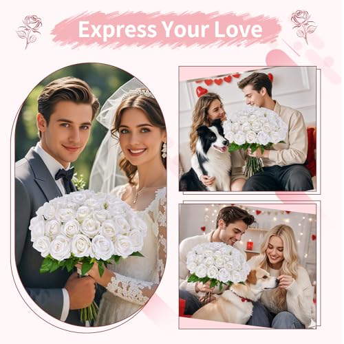 102 PCS White Roses Artificial Flowers, Fake White Roses Bouquet,White Artificial Silk Roses with Stems for DIY Wedding Flowers Decoration, Valentines Day Mothers Day, Bridal Bouquet Roses - color: White, size: 102 Pcs