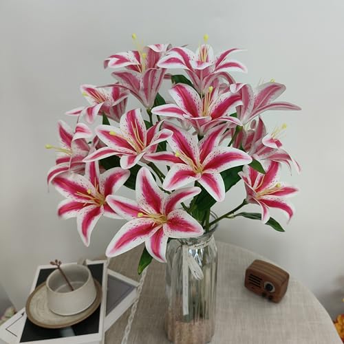 Pink Lilies Artificial Flowers,6 Pcs Faux Lily Flowers,23 Inch Long Stem Tiger Lily Branch with 3 Full Blooms and 4 Leaves, Latex Real Touch Lilium Flower for Wedding Bouquet (6, Pink) - color: Pink