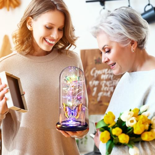 Gifts for Mom Birthday Gifts for Women Colorful Rose Eternal Flower Light Up Rose in Glass Dome with Butterfly, Galaxy Crystal Flowers Gifts for Grandma Wife Daughter Her Delivery Prime - color: Colorful