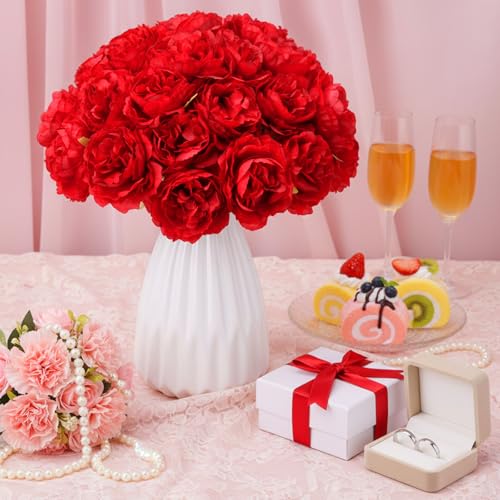 Thiccywoov 200 Pcs Flowers Long Stem Artificial Rose Bulk, 3.2 Inches Silk Rose Head Flowers Faux for Wedding Bridal Bouquet Independence Day Home Floral DIY Centerpieces Party Decoration(Red) - color: Red
