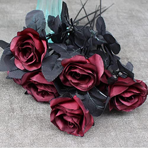 8pcs Artificial Rose Flower, No Fade black roses, ,Single Stem Fake Silk Flowers Realistic Blossom Flora for DIY Home OfficeParty Decoration Bridal Wedding Bouquet Halloween Decoration (Wine red) - color: Wine Red