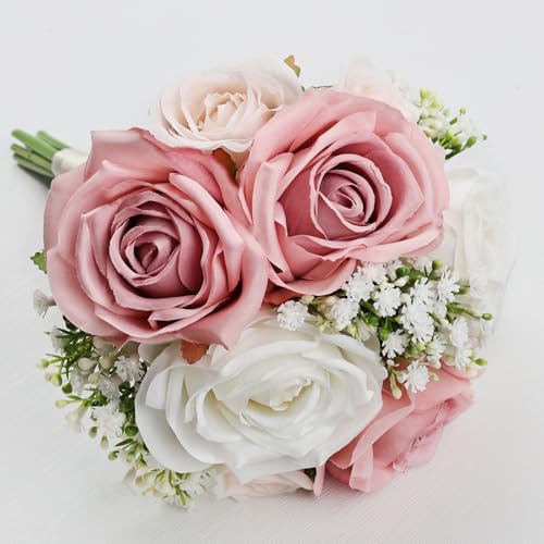 Wedding Bridesmaid Bouquets Set of 2, Artificial Silk Flowers Arrangement for Ceremony Marriage Proposal Party Anniversary Decorations - Dusty Pink & White - color: Dusty Pink & White, size: Set of 2 Bouquets