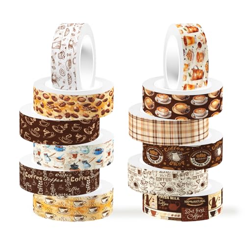 12 Rolls Coffee Washi Tape Set, Vintage Coffee Decorative Tapes, Retro Brown Watercolor Cafe Masking Tape for Journaling, Scrapbooking, Planner, DIY Arts Crafts Supplies, Gift Wrapping 16.4FT - color: S