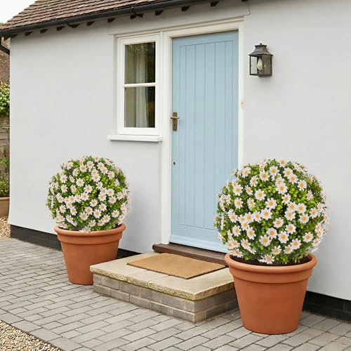 24" Artificial White Daisy Topiary Ball Trees with Dense Blooms, Set of 2 Fake Bushes with Ground Spike, UV Resistant Faux Evergreen Plants for Outdoor Indoor Spring Garden Front Porch Decor - color: White Daisy