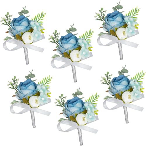 AuroraAria Dusty Blue Boutonniere for Men,Set of 6,Groom Boutonniere for Wedding,Anniversary,Homecoming,Formal Dinner Party,Wedding Decor,Artificial Dusty Blue Rose - color: Dusty Blue