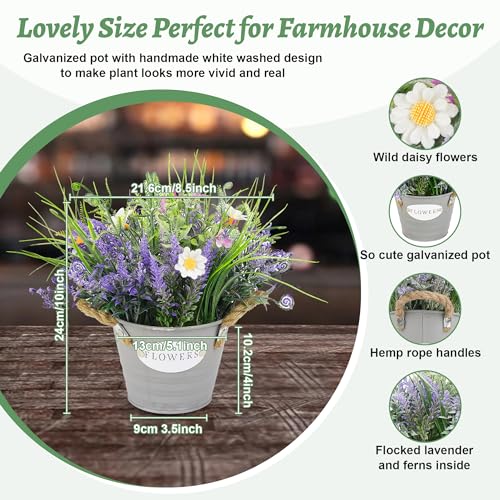 Artificial Lavender Plant 10" Purple Flowers with White Daisy in Galvanized Pot - Farmhouse Decor for Home Living Room Bedroom Bathroom Coffee Table - color: Lavender Flowerr With White Daisy