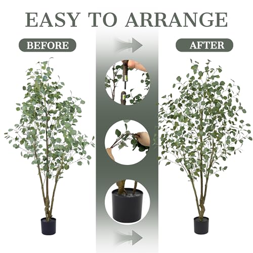 Artificial Eucalyptus Tree 6FT - Large Faux Plants Indoor Tree with 640 Leaves and Realistic Trunks, 72" Tall Fake Tropical Plant in Pot Artificial Floor Plant for Home Living Room Porch Office Decor - size: 6ft