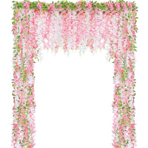 Thiccywoov 8pcs Wisteria Artificial Flowers Garland, 7.2Ft/Piece Wisteria Hanging Flowers Garland for Wedding Arch Decoration Outdoor Ceremony Home Backdrop Garden (Pink,Dark Pink,White) - color: Pink, Dark Pink, White