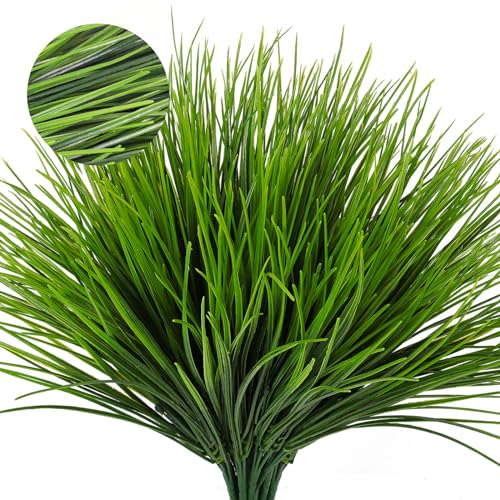 RECUTMS 12 Bundles Artificial Grasses Outdoor Plants Fake Wheat Grass Greenery Shrubs UV Resistant for Planters Wedding Indoor Outside Garden Porch Bathroom Home Office Window Box Decor(Green) - color: Green Grass