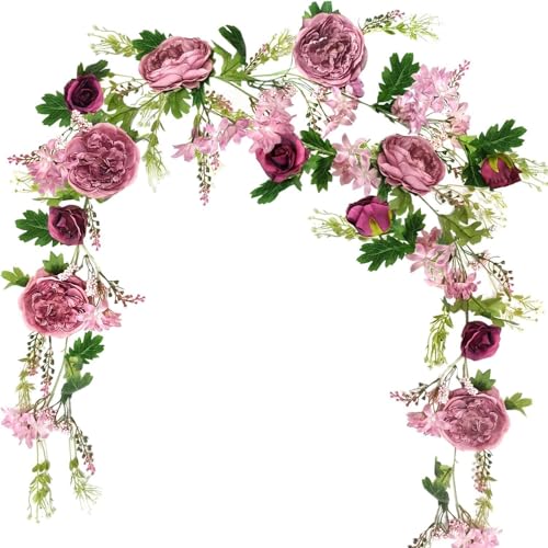 Peony Flower Garland, Rose Flower Swag, 6' Wedding Arch Flowers for Wedding Decor Home Table Runner Mantle Party Decor(Dusty Peony Garland) - color: Purple Peony Garland