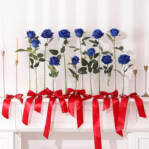 Blue Fake Roses Artificial Flowers - 10 Pcs Fake Artificial Roses Silk Flowers with Stems for Home Wedding Hotel Office Centerpiece Decor - color: Blue, size: 10 Pcs