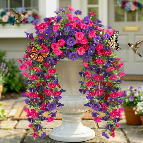 4 Bundles Artificial Silk Flowers for Outdoor Decor, UV Resistant Realistic Faux Morni ng Glory Flowers for Hanging Planters, Window Box, Porch, Patio, Yard, Garden Decor(Purple Pink) - color: Purple Pink