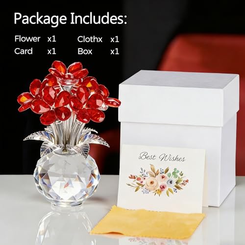 Crystal Red Flower Decoration Glass Flowers Mother's Day Birthday Gifts for Women Girl Wife Girlfriend Daughter Ornament Bouquet Collectible for Valentine's Day Wedding (Red Flower 02) - color: Red