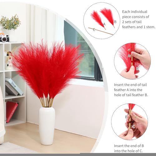 Wertuirk 9 Stems Red Pampas Grass - 38 Inch Tall Fluffy Faux Pampas Grass Decor, Long Artificial Pompas Floral for Living Room, Wedding Centerpieces and Home Decor (Red) - color: Red
