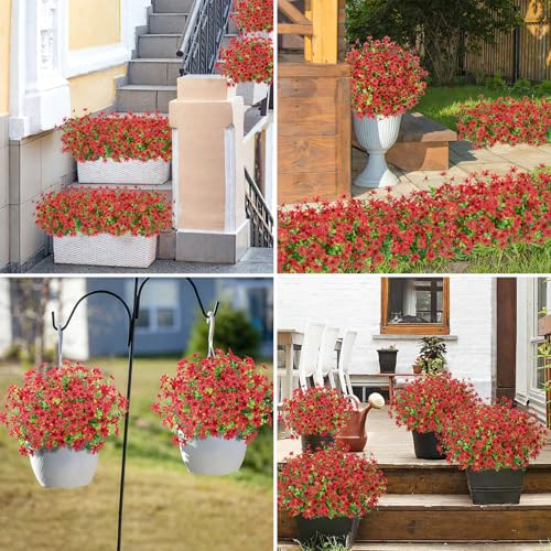 Bassion 20 Bundles Artificial Flowers for Outdoors Decorations, UV Resistant Faux Plants Fake Silk Flowers for Outside Daisy Hanging Planters Window Box Front Door Porch Patio Yard Home Decor - color: Red