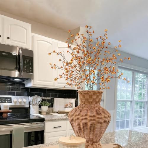 3 Pcs Cherry Blossom Branches Artificial Flowers for Autumn Spring Summer Decoration Orange Faux Cherry Blossom Long Stems Fall Silk Fake Flowers for Tall Vase Arrangements Home Wedding Table - color: Orange