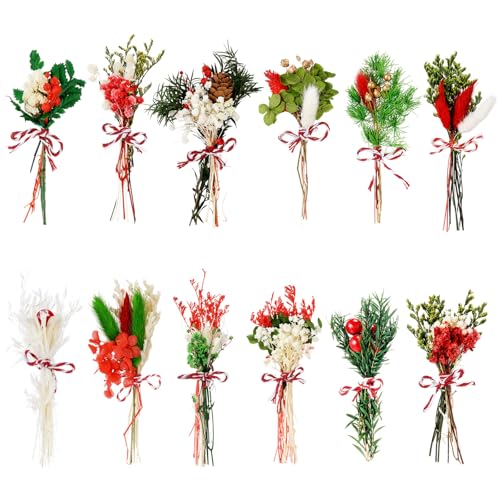 10/12/24/36 Pack Mini Dried Flowers for Vase Christmas in July Wedding Various Mini Bouquet Dried Small Wildflowers Natural Flowers Bulk for Crafts DIY Decor (12, Christmas Color) - size: Christmas Color