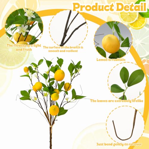 4 Pack Artificial Lemon Branches 8 Heads Per Stem Faux Lemons with Leaves Kitchen Table Centerpiece Decor Fake Lemon Tree for Vases Farmhouse Party Summer Home Yellow Decorations