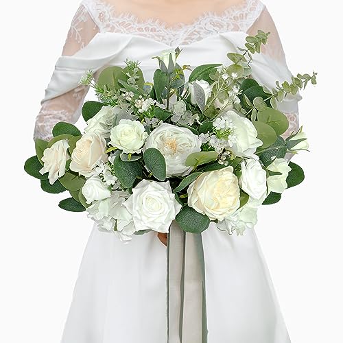 14 Inch White Bridal Bouquet,Wedding Bouquet,Bride Bouquets for Wedding Ceremony Anniversary, Party and French Rustic Vintage Wedding,Artificial Flowers - color: White & Greenery, size: 14 Inch