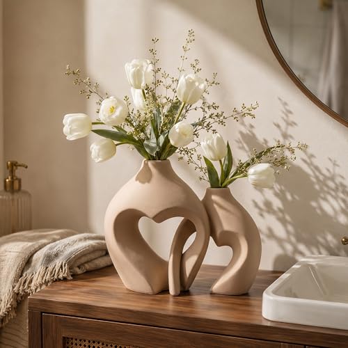 Brown Ceramic Flower Vases Home Decor Heart Shaped Vase Set of 2 Nordic Heart Shaped Vases, Minimalist Decorative Vase for Table Centerpiece Wedding Dining Living Room Office House Decoration - color: Brown