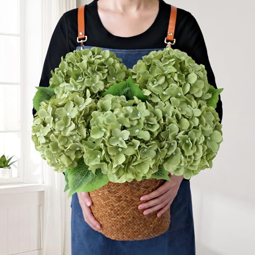 JINWOE Green Flowers Artificial Hydrangeas, 5Pcs 20Inch Large Lifelike Faux Silk Flowers, Full Artificial Hydrangeas for Bouquet Table Centerpieces Indoor Spring Outdoor Home（Rosemary Green） - color: Rosemary Green