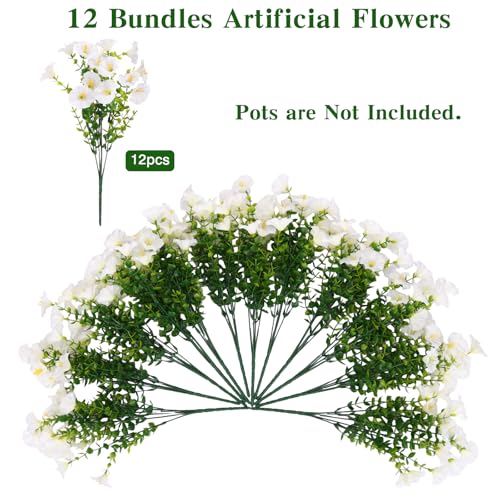 CEWOR Artificial Flowers for Outdoor Indoor, Fake Silk Morning Glory with Eucalyptus Leaves, Faux Flower for Garden Front Door Porch Planter Patio Home Decor (12 Bundles, White) - color: White Morning Glory