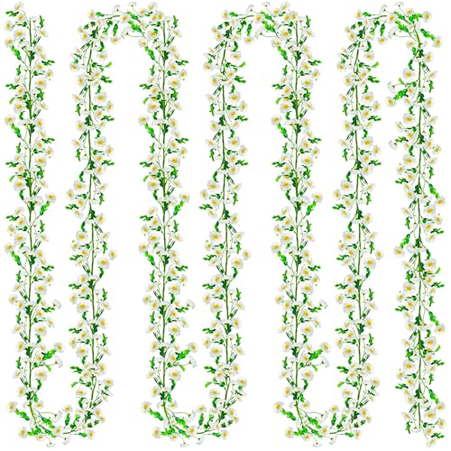 4 Pack Artificial Daisy Flowers Vine, 27.2 Ft Silky Artificial Garland with White Daisy and Vine Floral Garlands Decoration for Room Wall, Flower Themed Party, Wedding Supplies