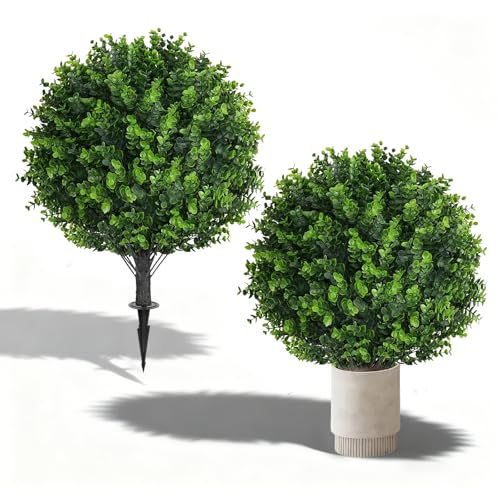 2 Pack 25" Artificial Eucalyptus Topiary Ball Tree for Outdoors Faux Evergreen Shrubs Plants with Ground Spike UV Resistant Fake Bushes Ball Trees for Outdoor Indoor Home Porch Patio Decoration - color: Eucalyptus