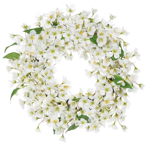 Spring Summer Wreaths for Front Door, 16 Inch Cherry Blossom Wreaths for Spring Summer Decor, White Wreaths for Front Door, Window, Home, Wall, Porch, Farmhouse Decor, Spring Artificial Flower Wreaths - color: # White 16"