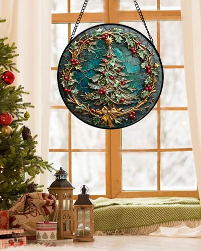 DASTOLL Stained Glass Window Hangings - Red Gold Green Wreath Suncatcher for Door Home Christmas Tree Decoration Sun Catcher Thanksgiving New Year Birthday Gift for Women Men Mom Grandma 6.3 in - color: Cyan, size: 6.3x6.3 IN