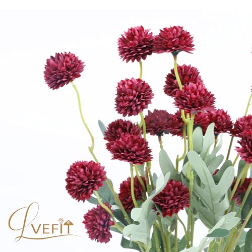 LVEFIT 10 Pcs Burgundy Kiku Flower Fake Mums Long Stem Flowers,Faux Kiku Flower Bulk,Silk Flowers Mini Chrysanthemum Floral Arrangements,Artificial Flowers Chrysanth Mini Fake Flower - color: Burgundy