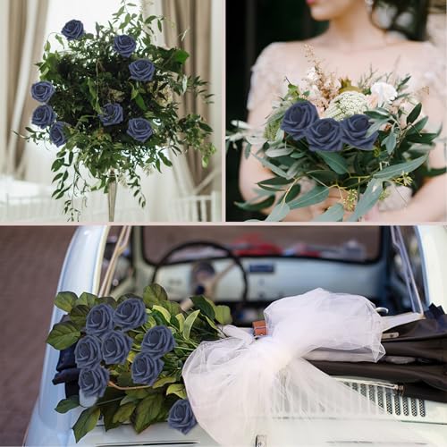 Artificial Flowers Navy Blue Roses 50PCS Real Looking Foam Fake Roses with Leaves and for DIY Wedding Bouquets Bridal Shower Centerpieces Party Decorations (Navy Blue) - color: Navy Blue, size: 50