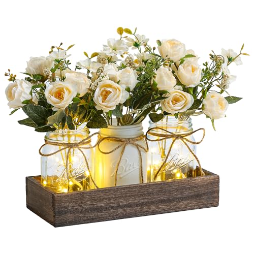 Centerpieces for Tables Coffee Table Centerpiece Decor with Wood Tray for Kitchen Decor Home Living Room Decor Rustic Farmhouse Decor,White - color: white