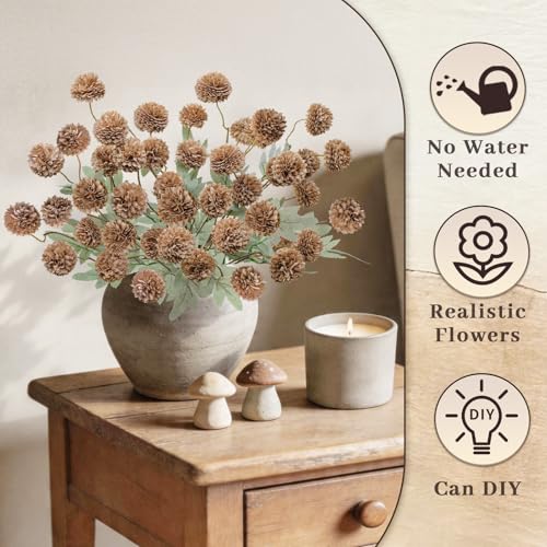 INQCMY Artificial Flowers 12 Pcs Fake Chrysanthemums Faux Kiku Flower Long Stem 20" Realistic Silk Pompon Mums for Vase Wedding Bouquets Centerpieces Home Decor (Coffee) - color: Coffee